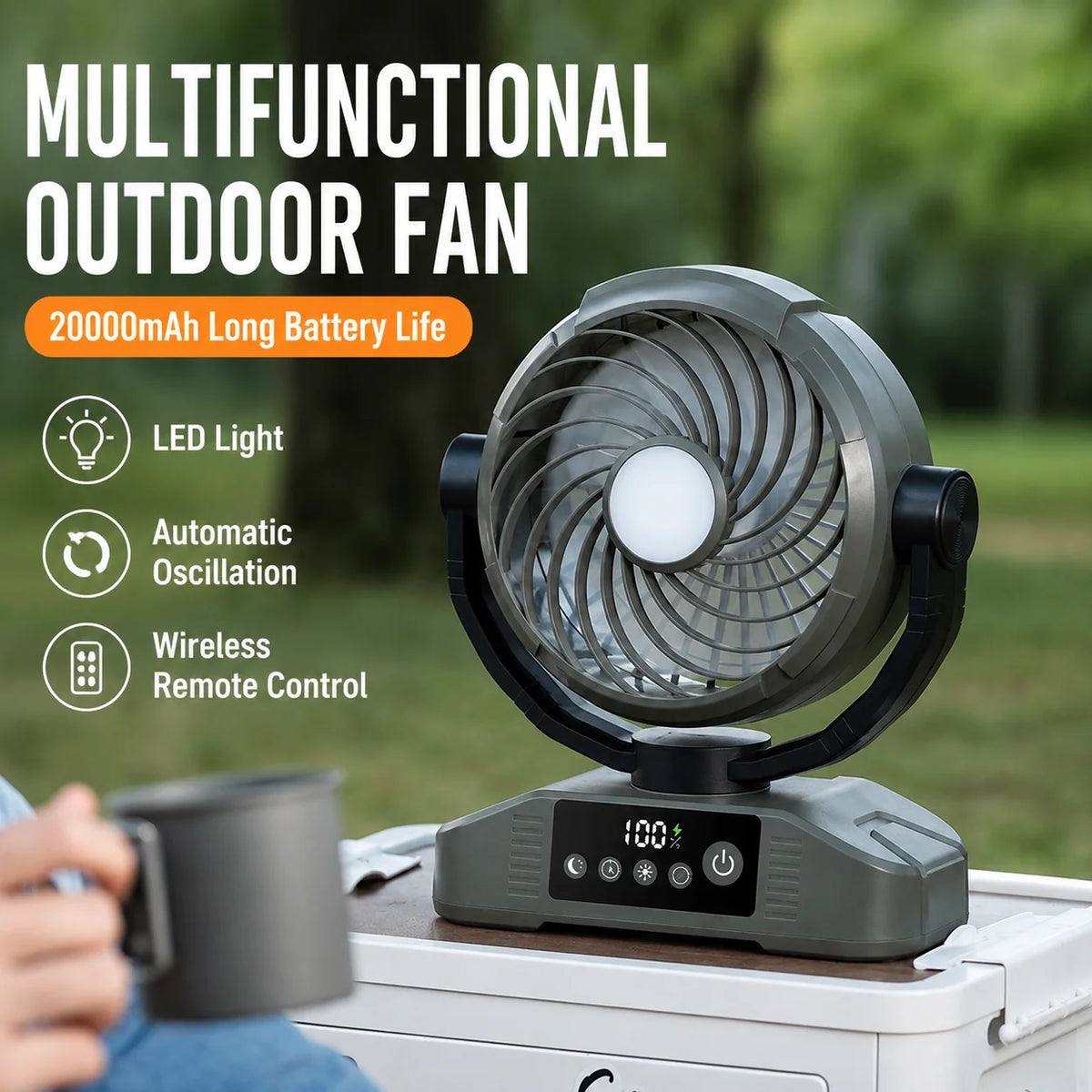 Portable Fan Rechargeable With Remote Control & LED Light