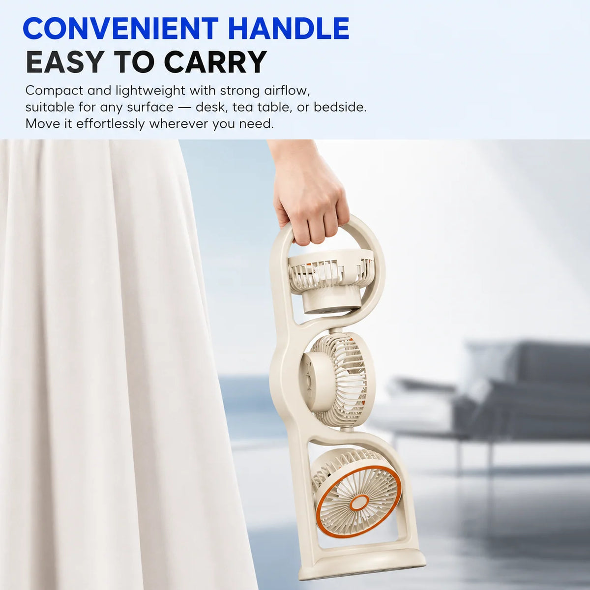 Portable Fan Three-Head USB Rechargeable Five-Speed