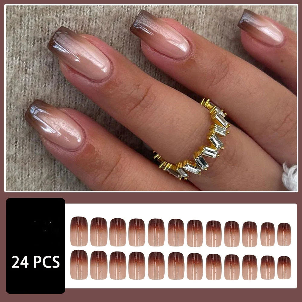 Press-On Nails Coffee Brown Ombré French Tips Pearly Shimmer
