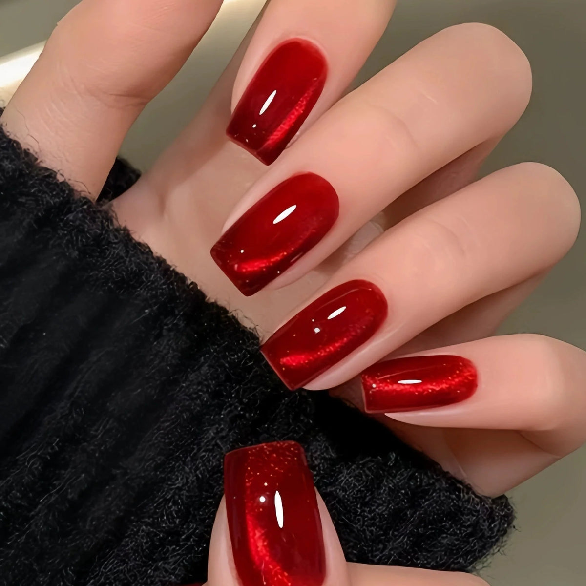 Press-On Nails Ruby Red Cat-Eye Shimmer Square 24 Count