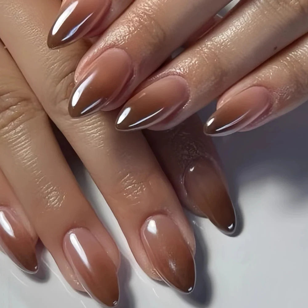Press-On Nails Short Almond Chocolate Ombré French Tips Set of 24