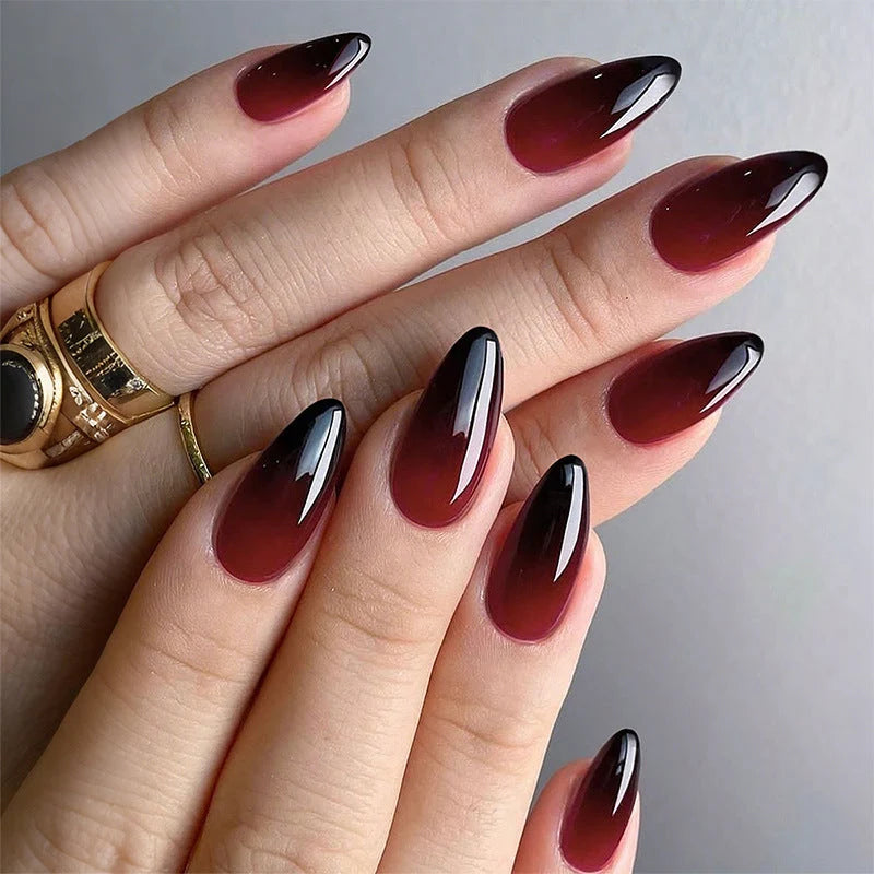 Press-On Nails Short Almond Glossy Red Ombre
