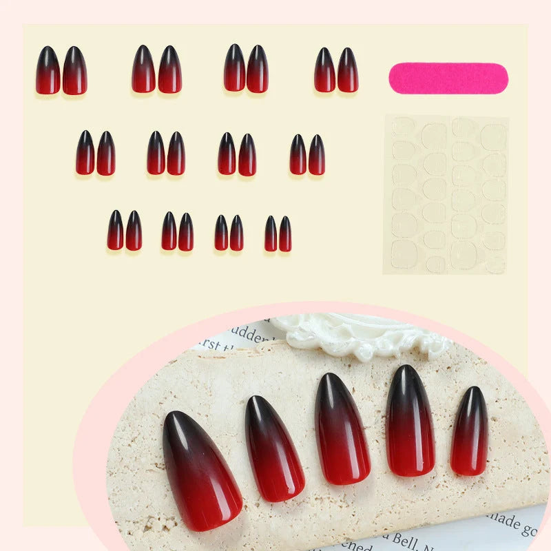 Press-On Nails Short Almond Glossy Red Ombre