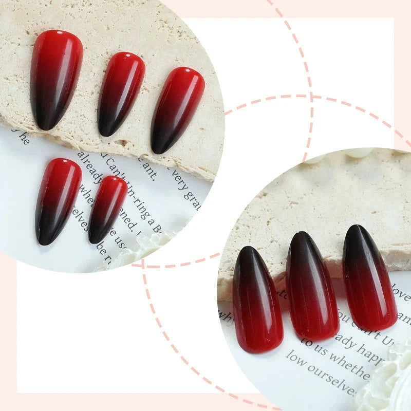 Press-On Nails Short Almond Glossy Red Ombre