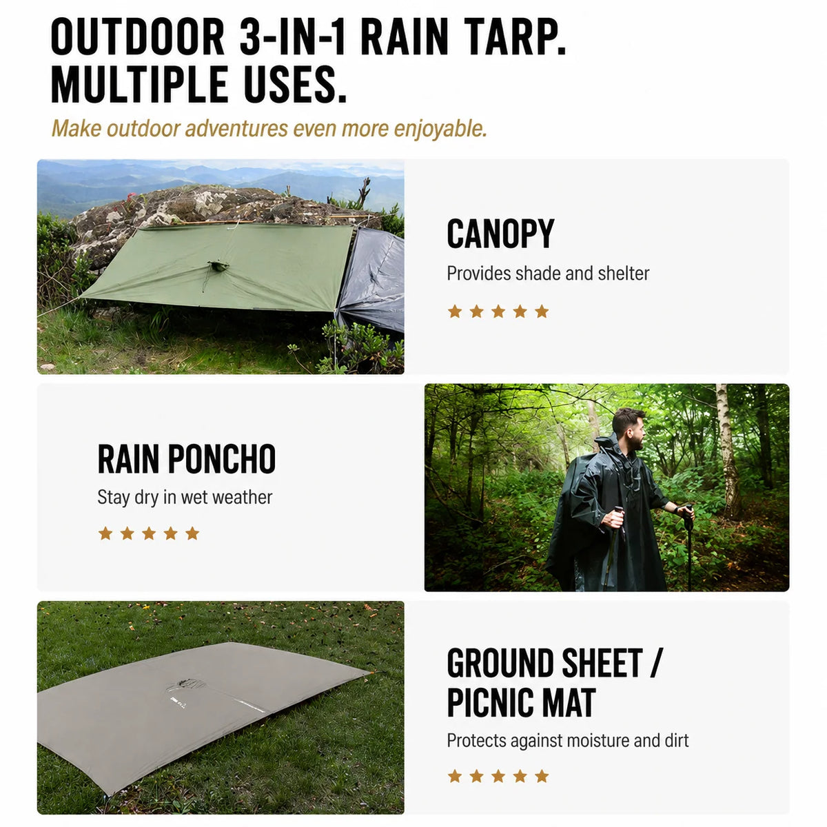 Rain Poncho 3-in-1 Waterproof Tarp & Ground Sheet