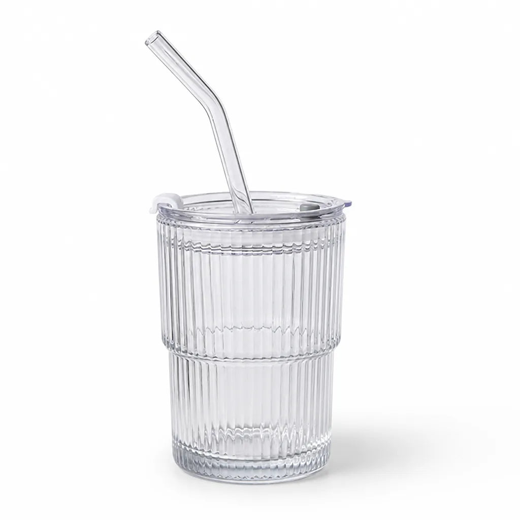 Ribbed Glass Travel Mug with Sealing Lid and Straw