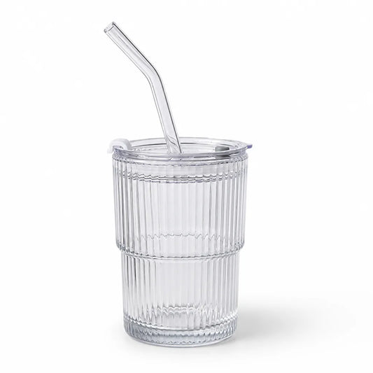 Ribbed Glass Travel Mug with Sealing Lid and Straw