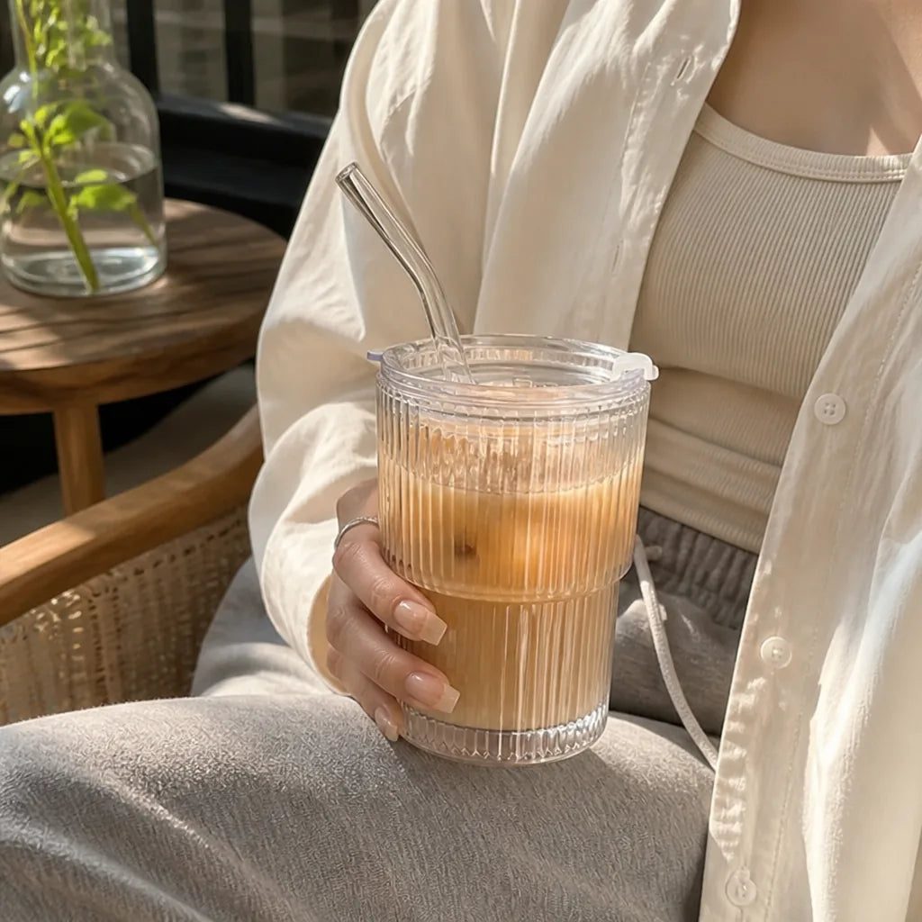Ribbed Glass Travel Mug with Sealing Lid and Straw