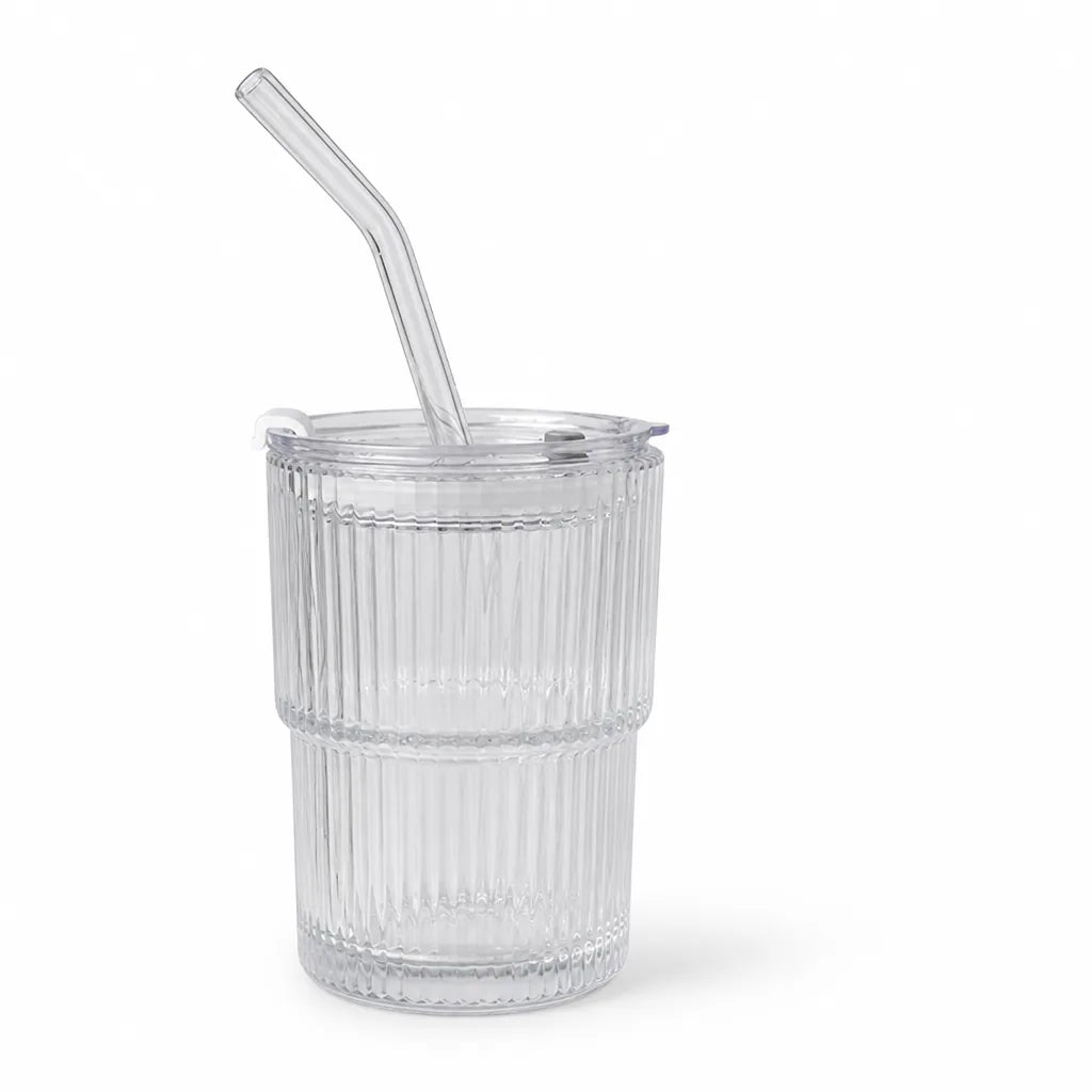 Ribbed Glass Travel Mug with Sealing Lid and Straw