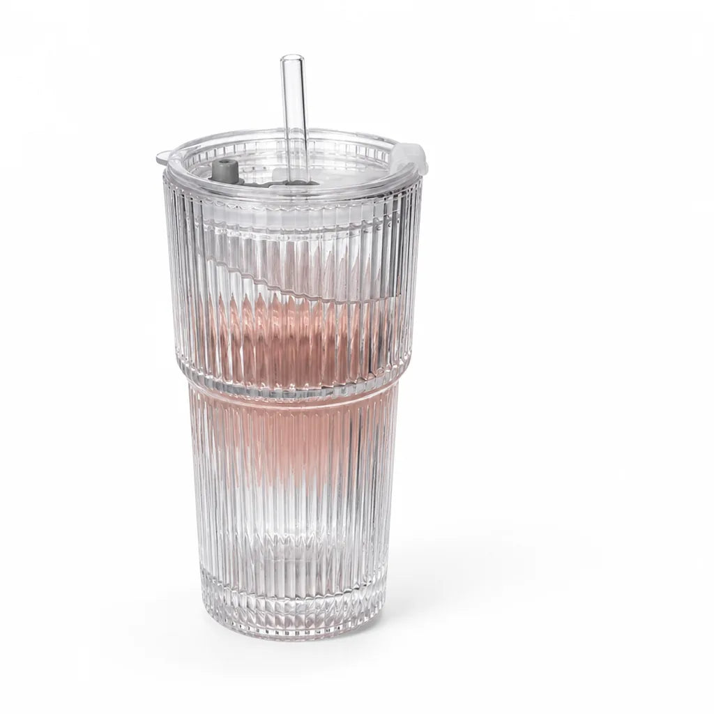 Ribbed Glass Travel Mug with Sealing Lid and Straw