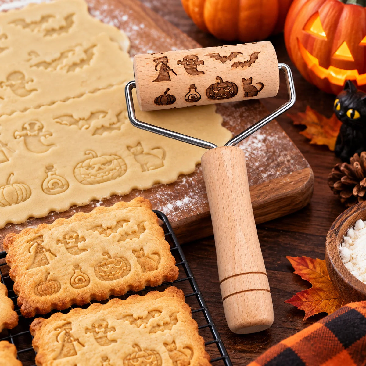 Rolling Pin Wooden Engraved Holiday Cookie Patterns