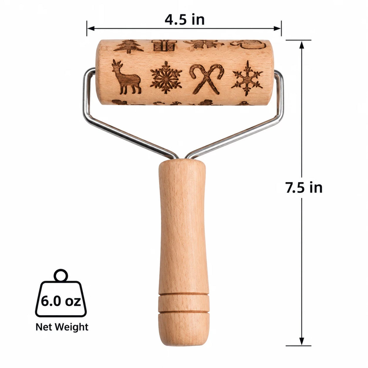 Rolling Pin Wooden Engraved Holiday Cookie Patterns