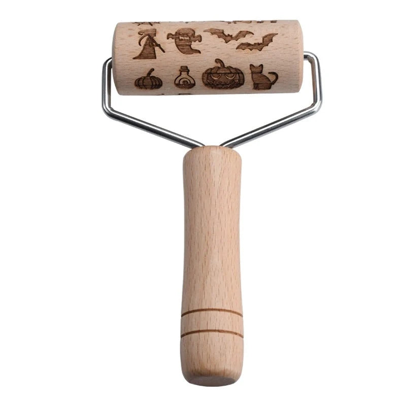 Rolling Pin Wooden Engraved Holiday Cookie Patterns