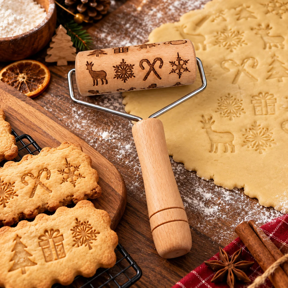 Rolling Pin Wooden Engraved Holiday Cookie Patterns