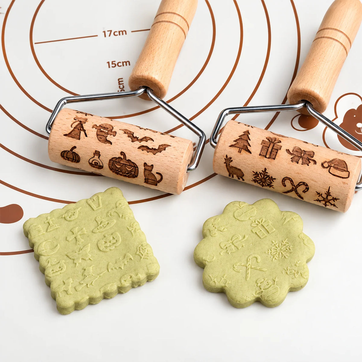 Rolling Pin Wooden Engraved Holiday Cookie Patterns