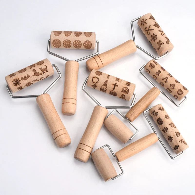 Rolling Pin Wooden Engraved Holiday Cookie Patterns