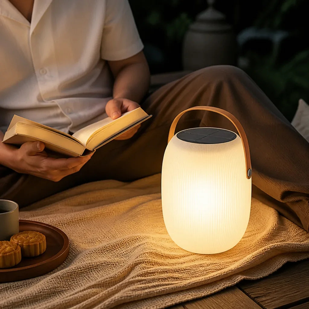Round Portable Solar And USB Rechargeable Table Lamp (With Carry Handle; IP65 Waterproof)