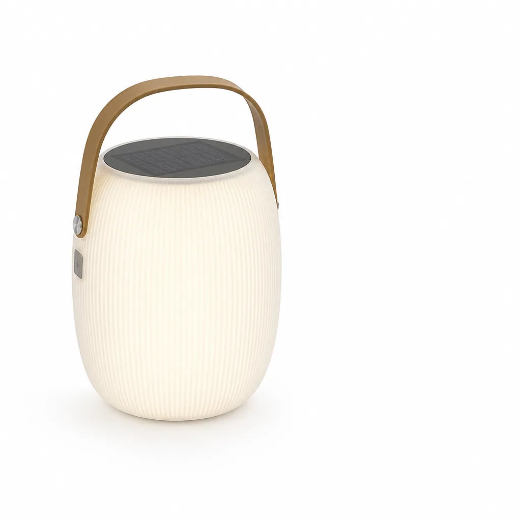Round Portable Solar And USB Rechargeable Table Lamp (With Carry Handle; IP65 Waterproof)