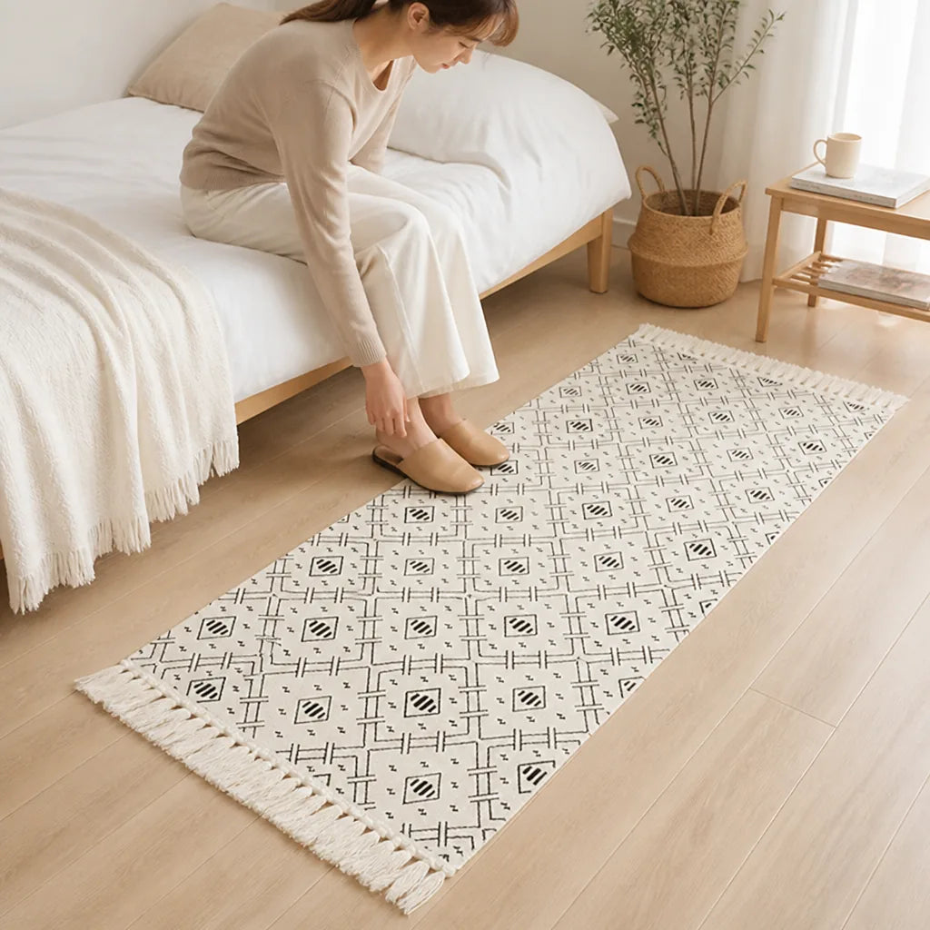 Runner Cotton Blend Flat-Woven Diamond Pattern Fringed Ends