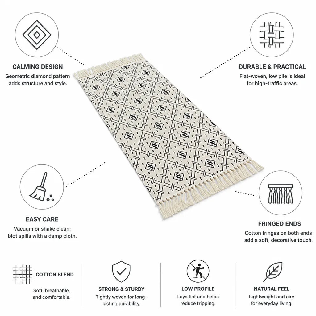 Runner Cotton Blend Flat-Woven Diamond Pattern Fringed Ends