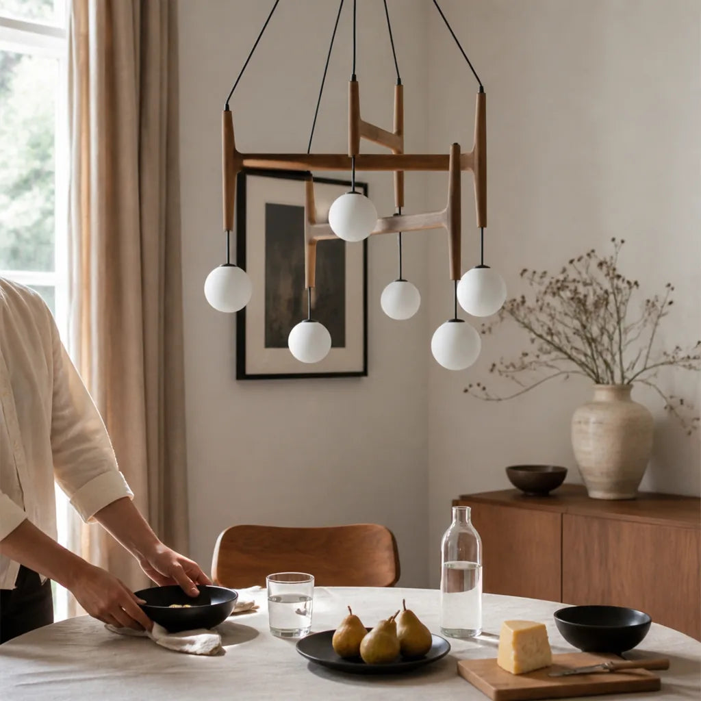 Sculptural Wood and Glass Pendant Chandelier (Adjustable Suspension)