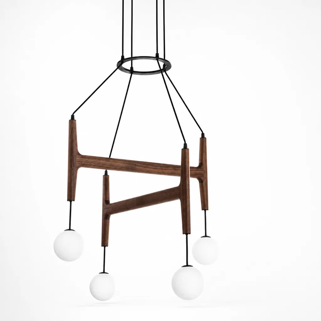 Sculptural Wood and Glass Pendant Chandelier (Adjustable Suspension)