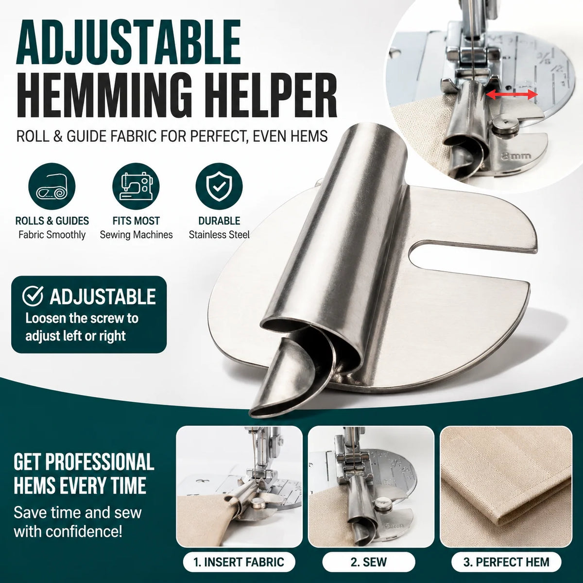 Sewing Machine Hemmer Attachment Adjustable Stainless Steel