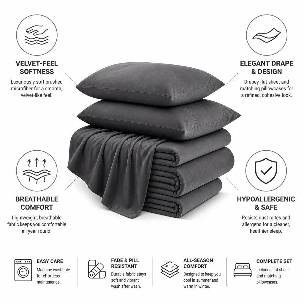 Sheet Set Velvet-Feel Brushed Microfiber Drapey Flat & Pillowcases