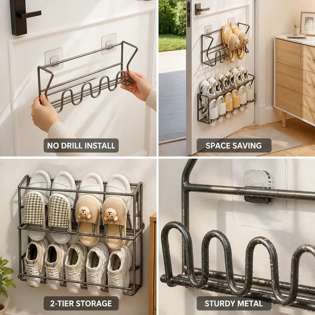 Shoe Rack Wall-Mounted No-Drill Metal 2-Tier