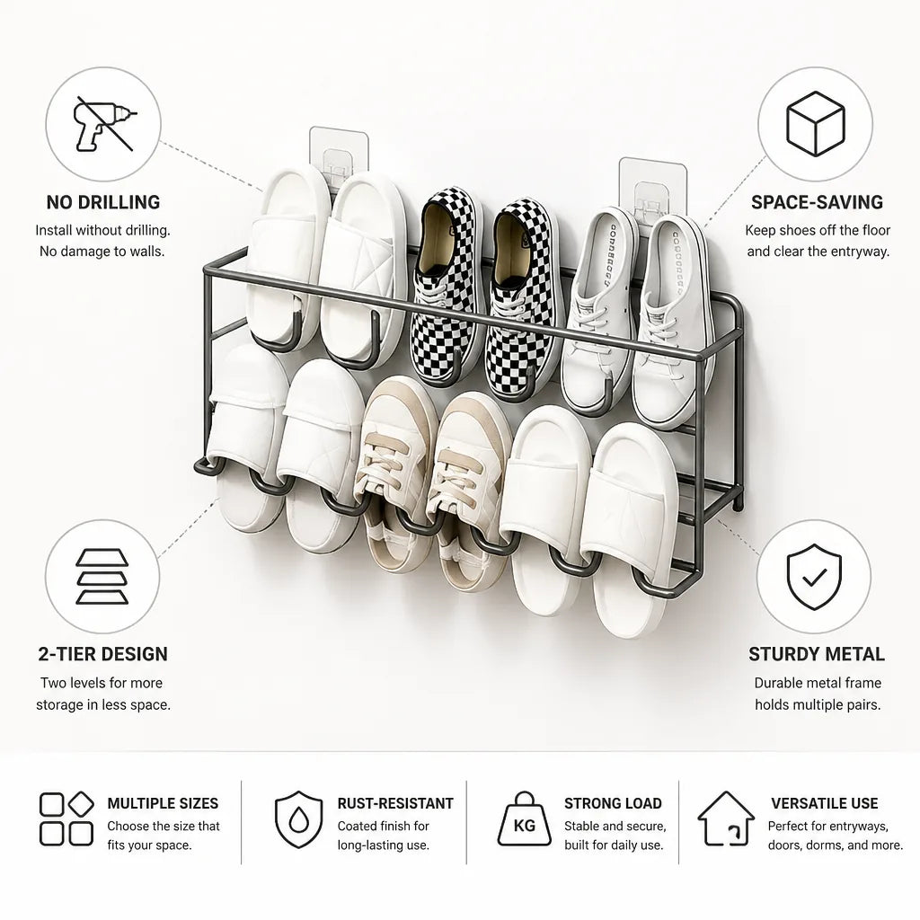 Shoe Rack Wall-Mounted No-Drill Metal 2-Tier