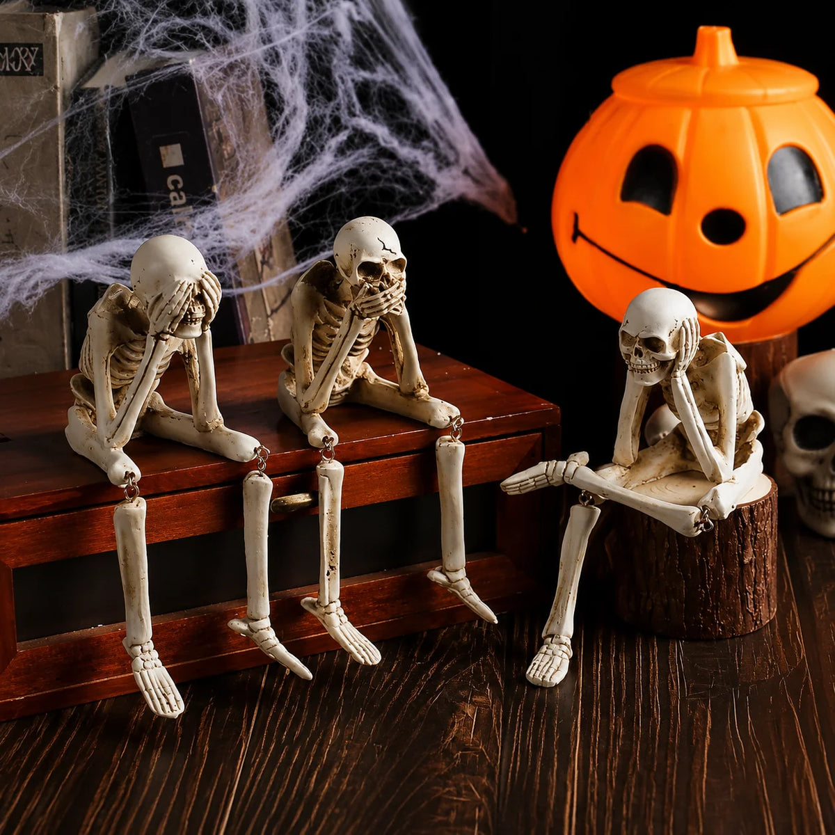 Skeleton Figurine Set Resin Three Poses Halloween Decor