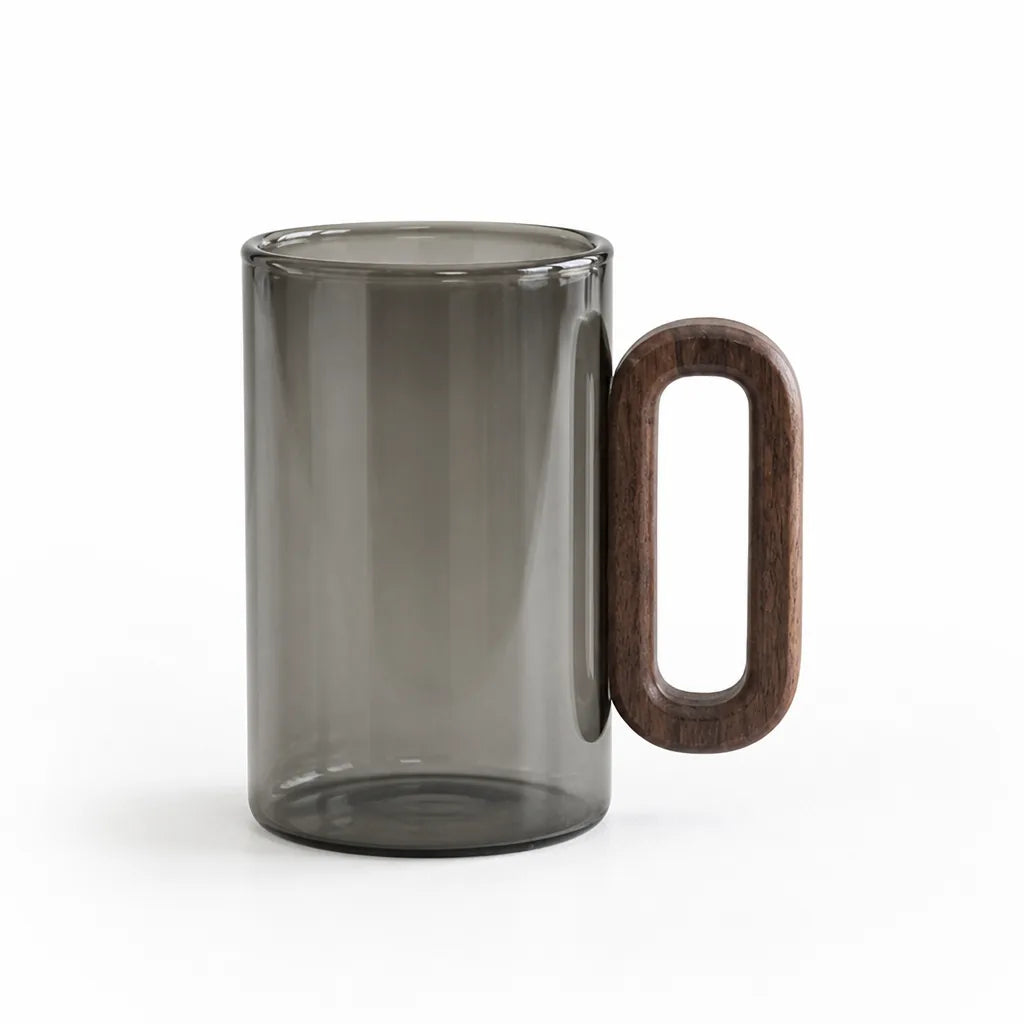 Smoked Glass Coffee Mug with Wooden Handle