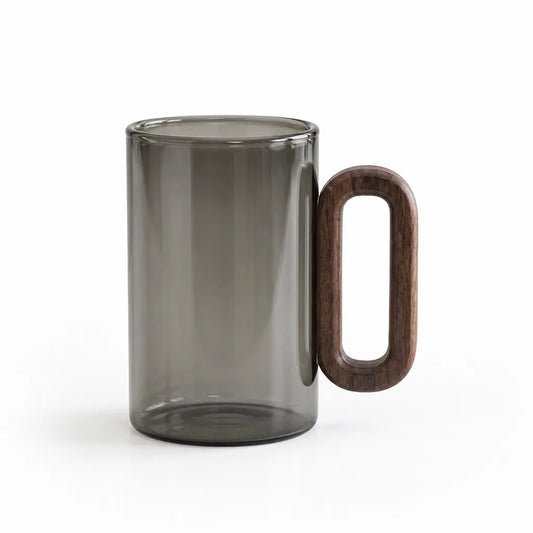 Smoked Glass Coffee Mug with Wooden Handle