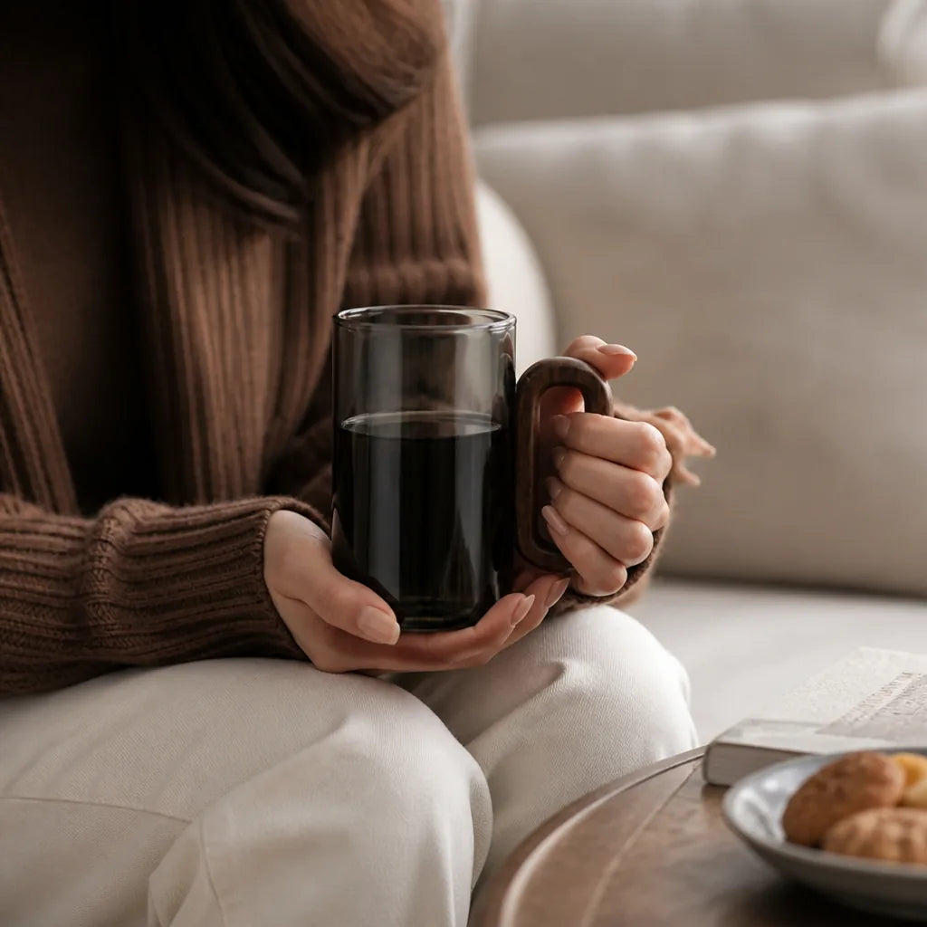 Smoked Glass Coffee Mug with Wooden Handle