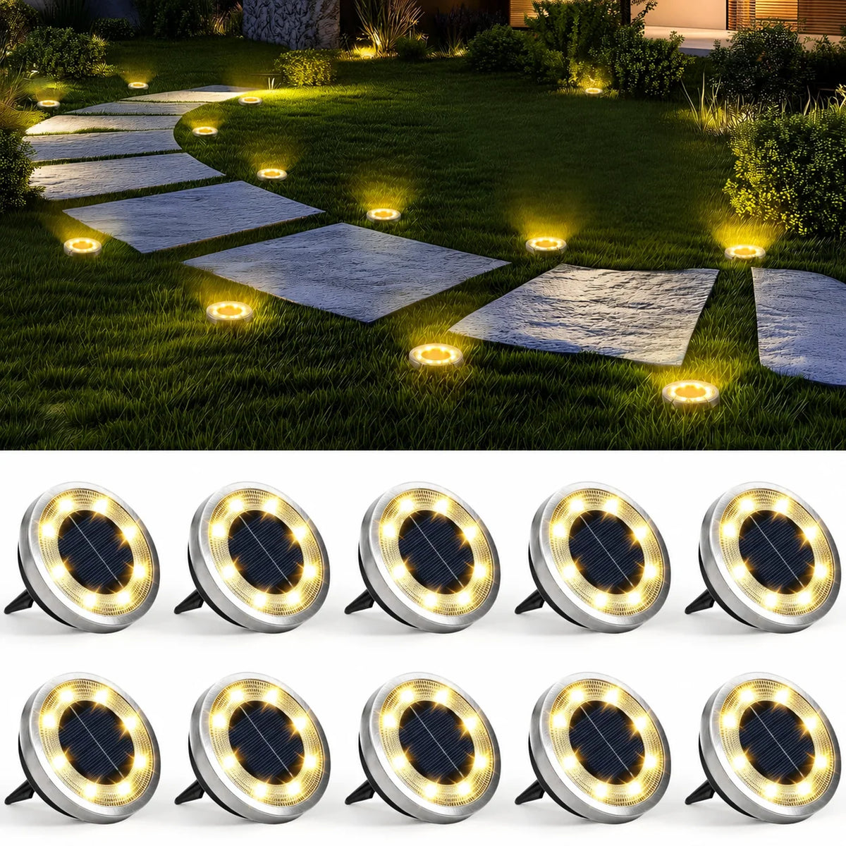 Solar Ground Lights Solar-Powered Stainless Steel Set of 10