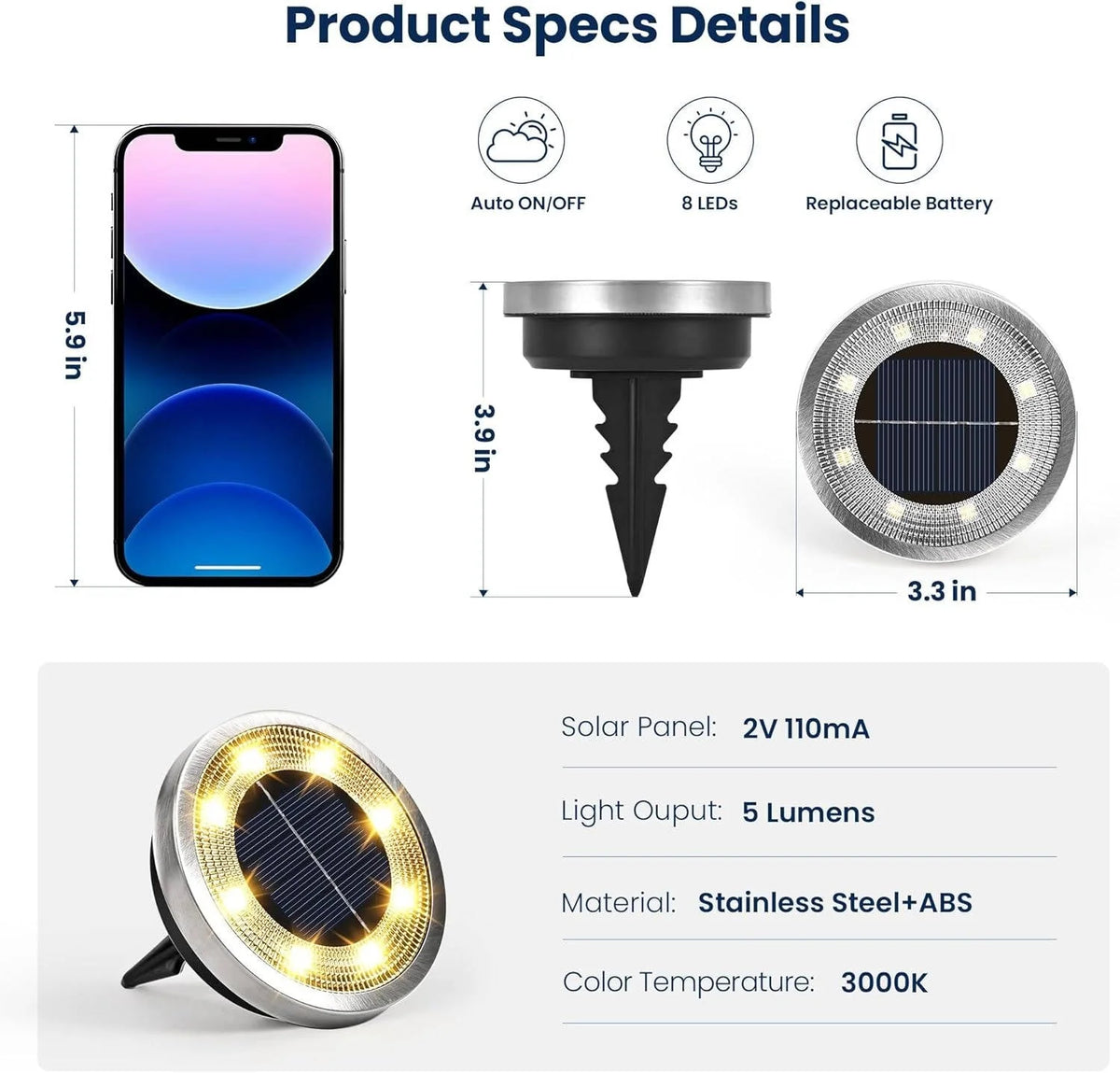 Solar Ground Lights Solar-Powered Stainless Steel Set of 10