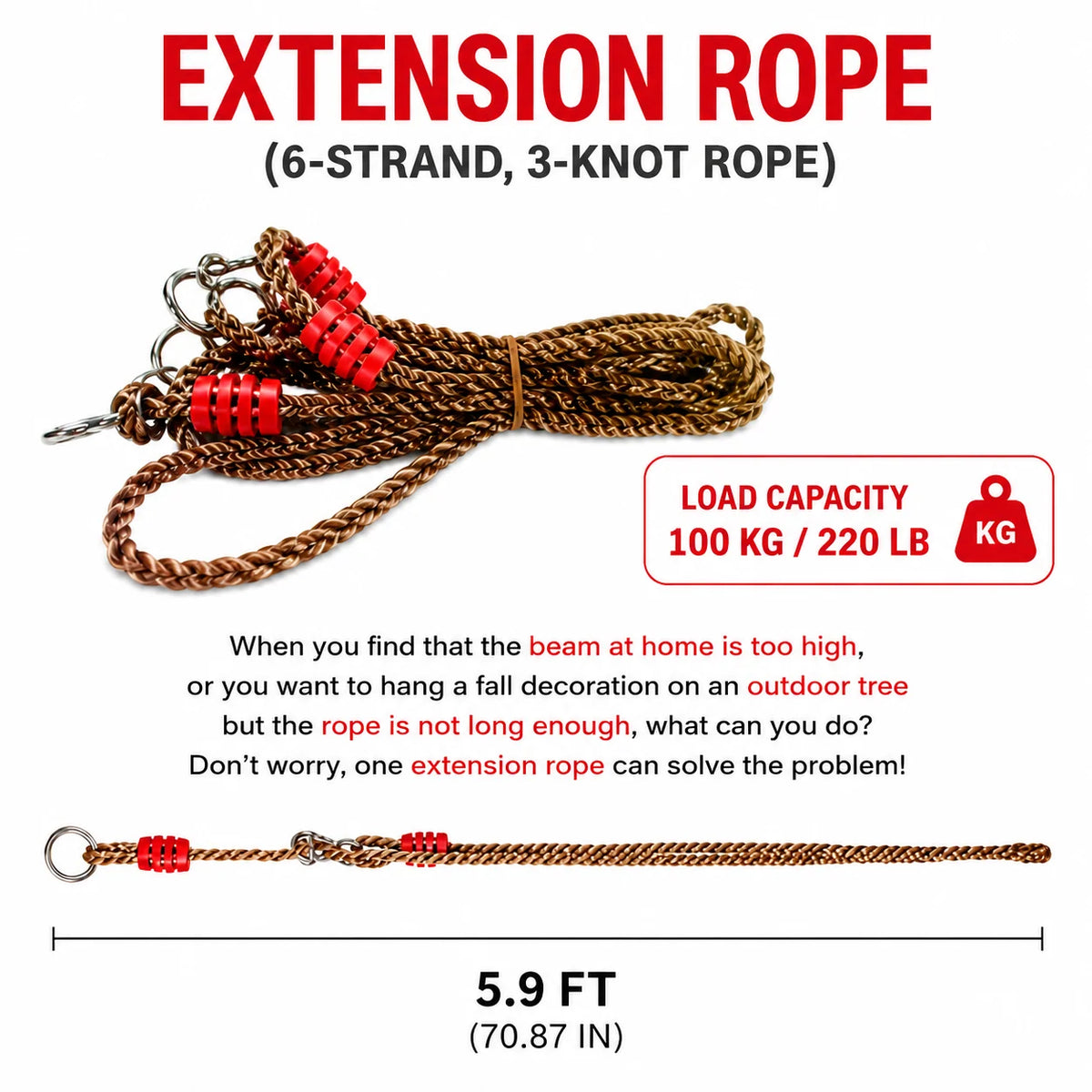 Swing Rope Extension Set Adjustable 3.6–5.9 Ft Metal Hooks