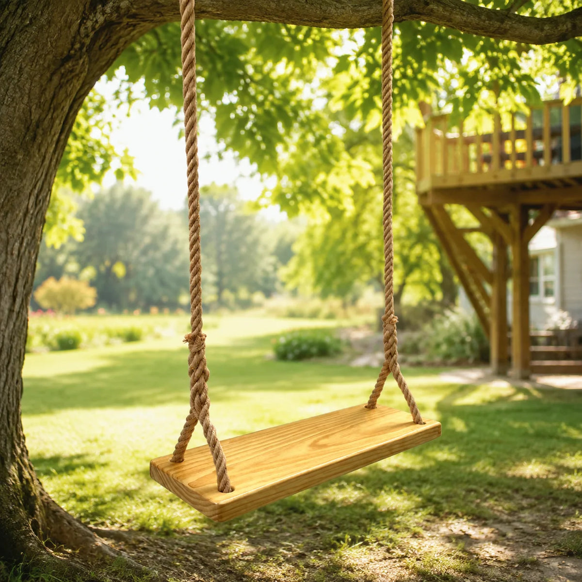Swing Seat Solid Elm Wood Braided Hemp Rope Set