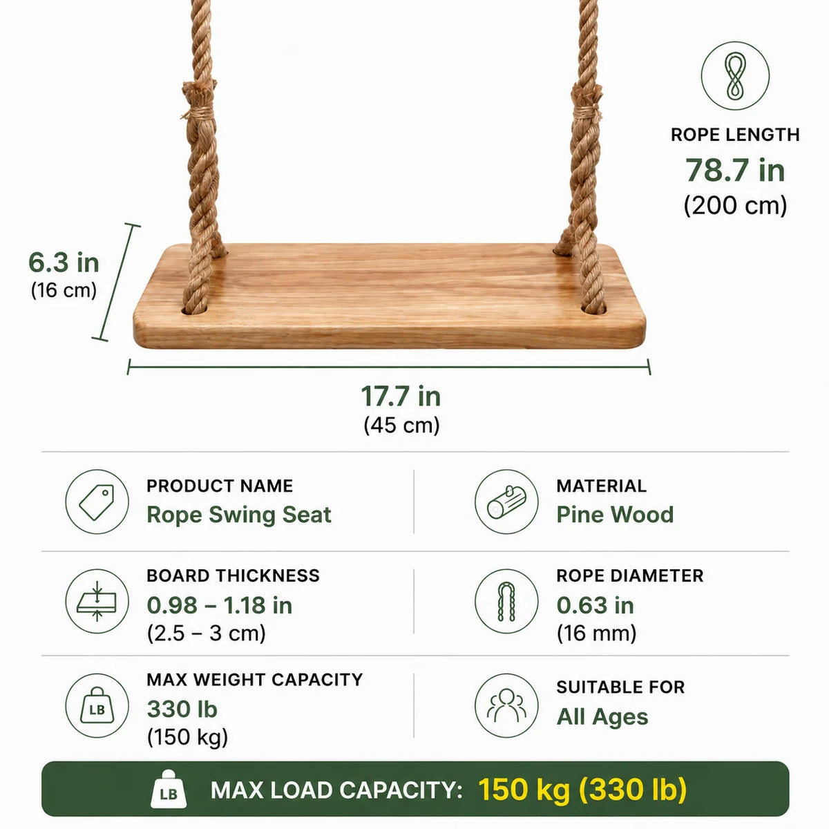 Swing Seat Solid Elm Wood Braided Hemp Rope Set