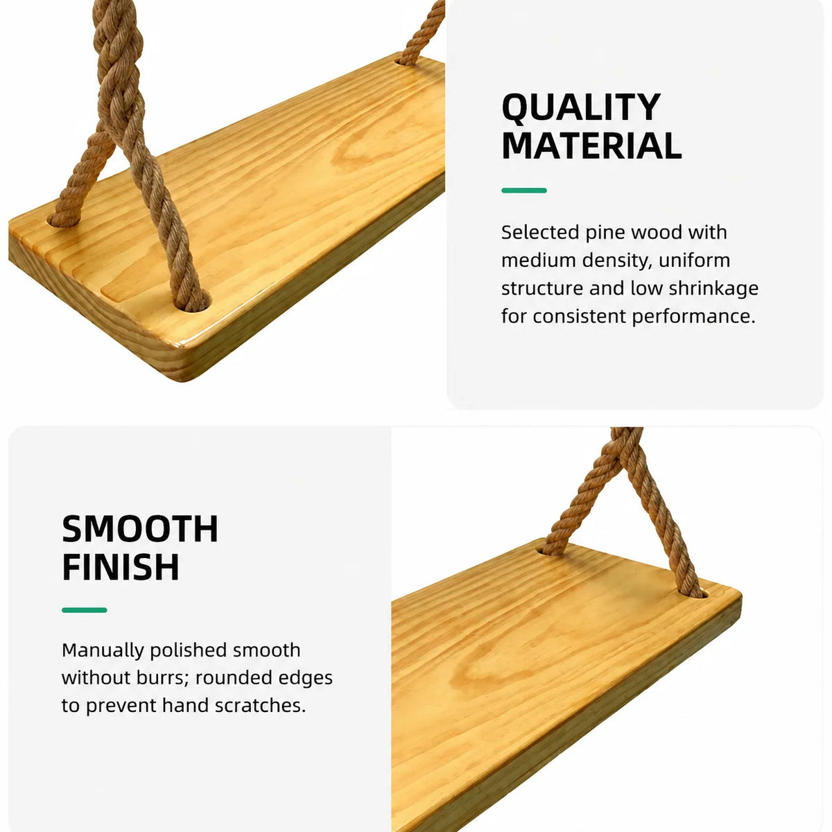 Swing Seat Solid Elm Wood Braided Hemp Rope Set