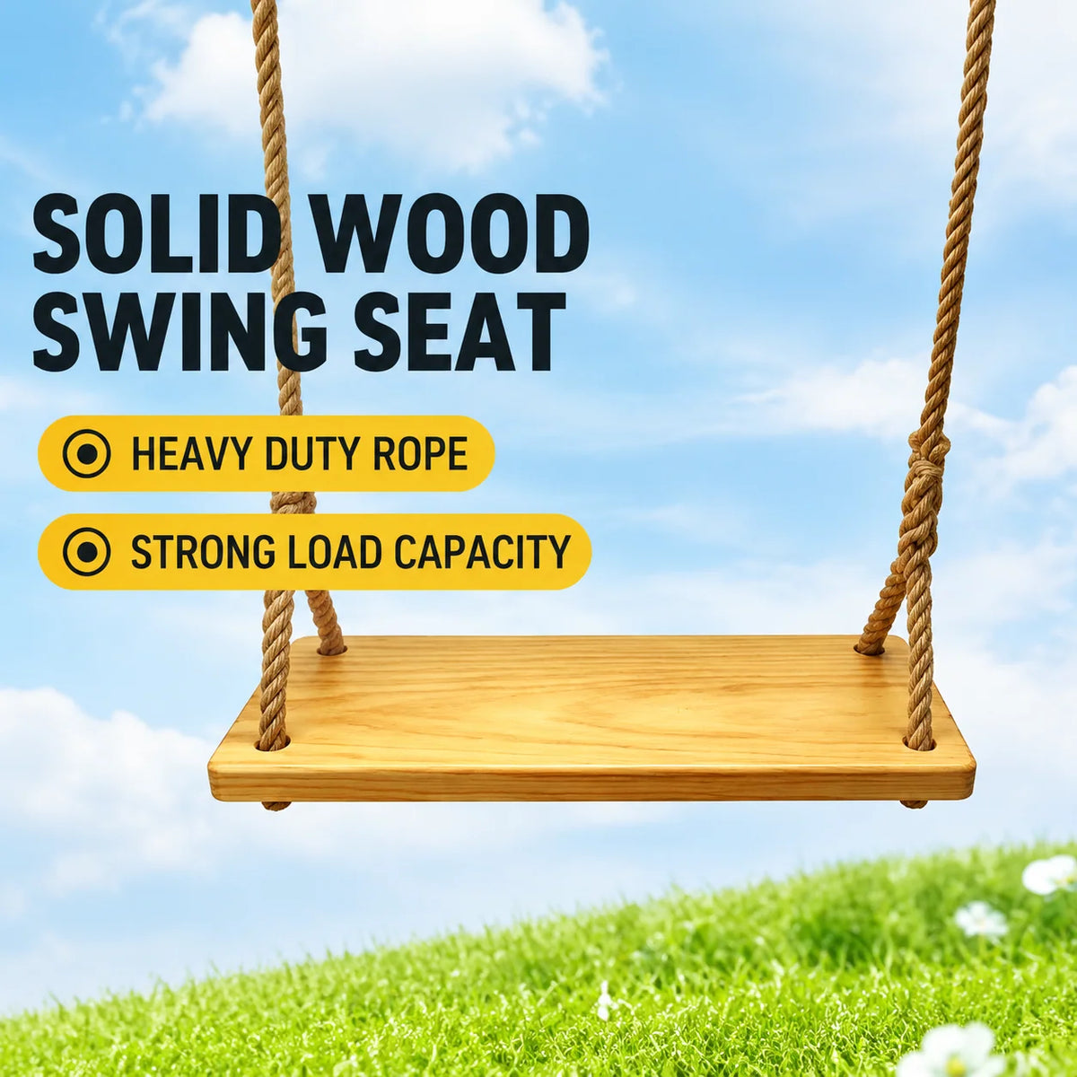 Swing Seat Solid Elm Wood Braided Hemp Rope Set