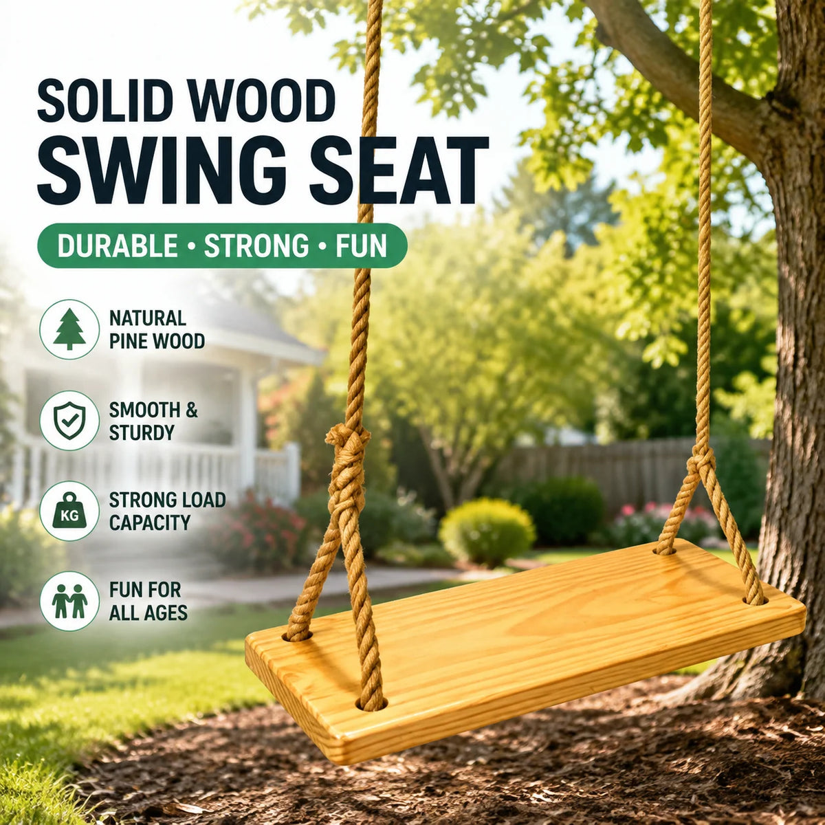 Swing Seat Solid Elm Wood Braided Hemp Rope Set