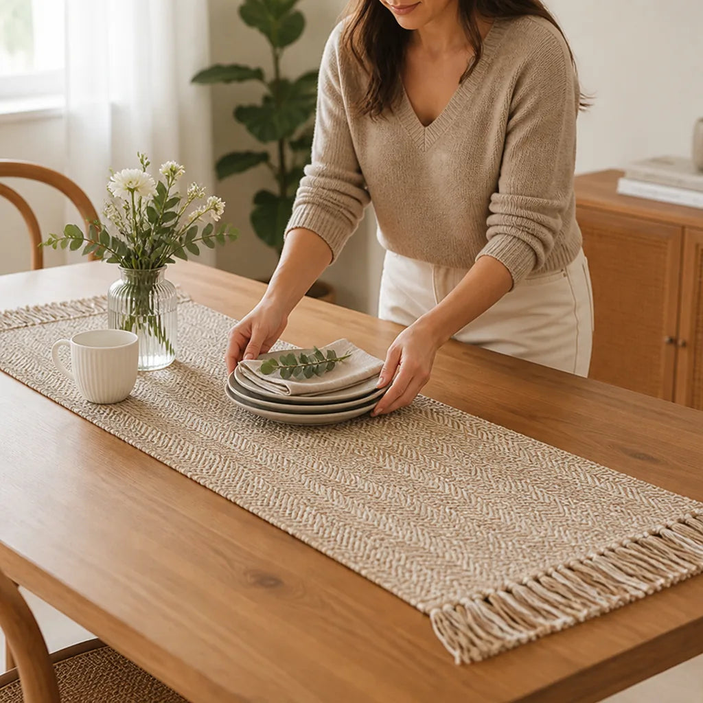 Table Runner Handwoven Herringbone Cotton Blend With Fringe