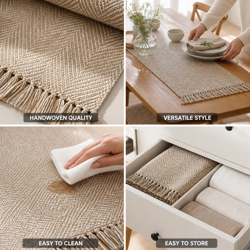 Table Runner Handwoven Herringbone Cotton Blend With Fringe