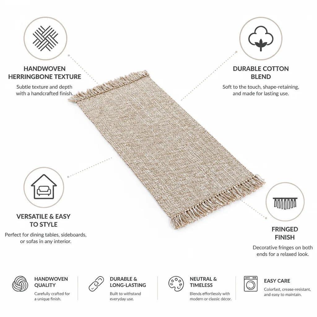 Table Runner Handwoven Herringbone Cotton Blend With Fringe