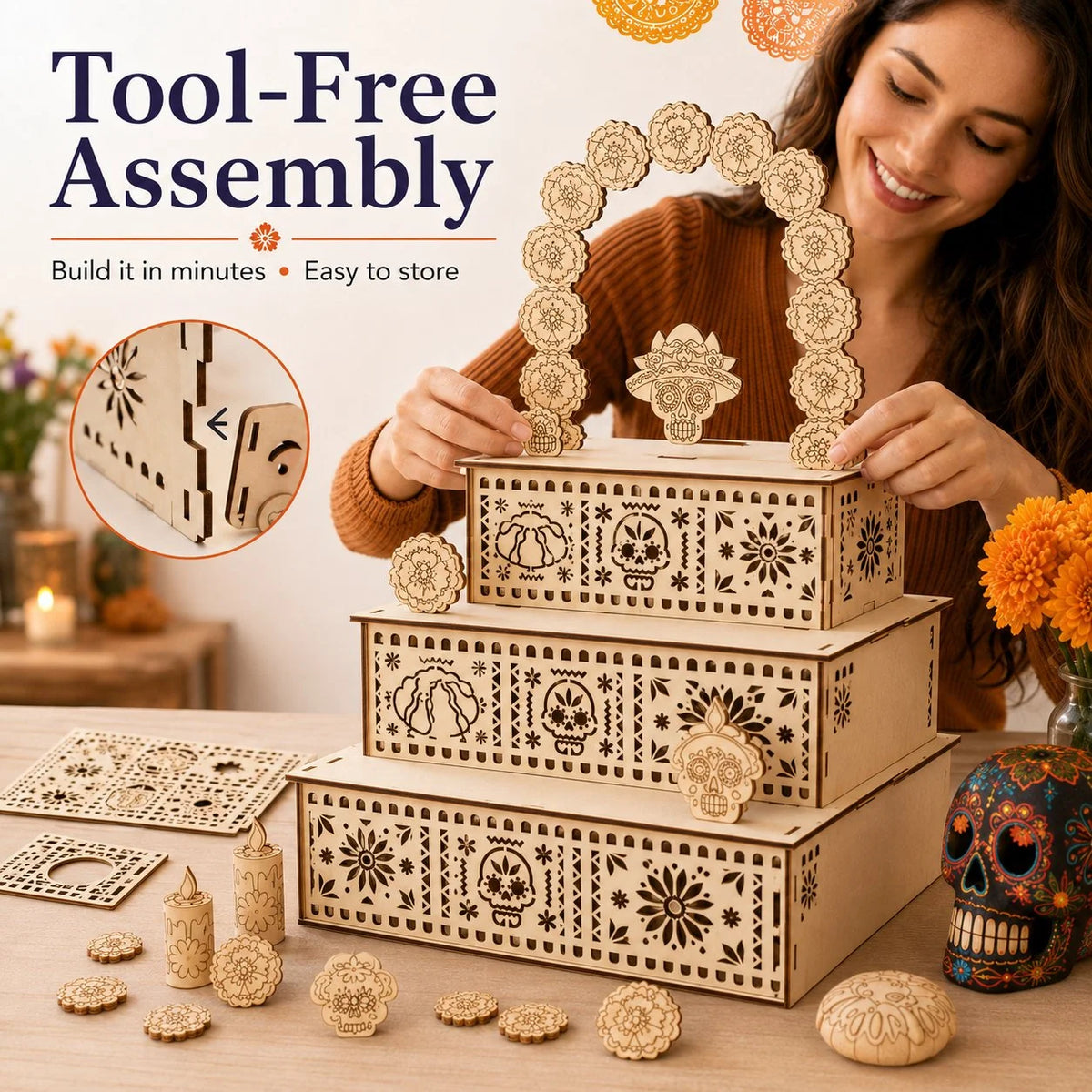 Tabletop Altar Display Wooden Three-Tier Compact Design