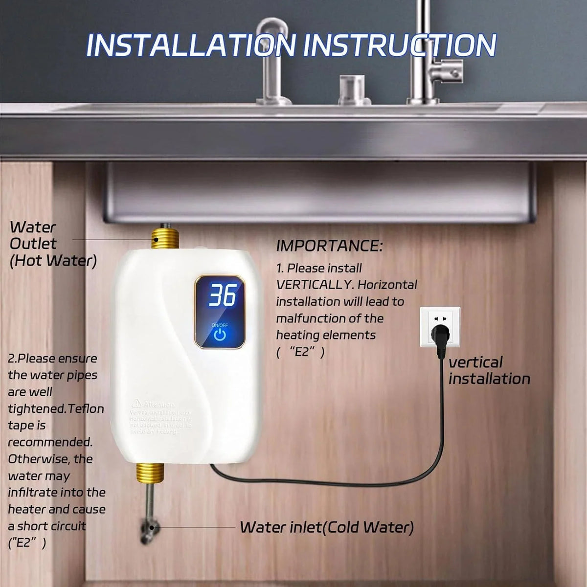 Tankless Water Heater Digital Display Compact Under-Sink Design