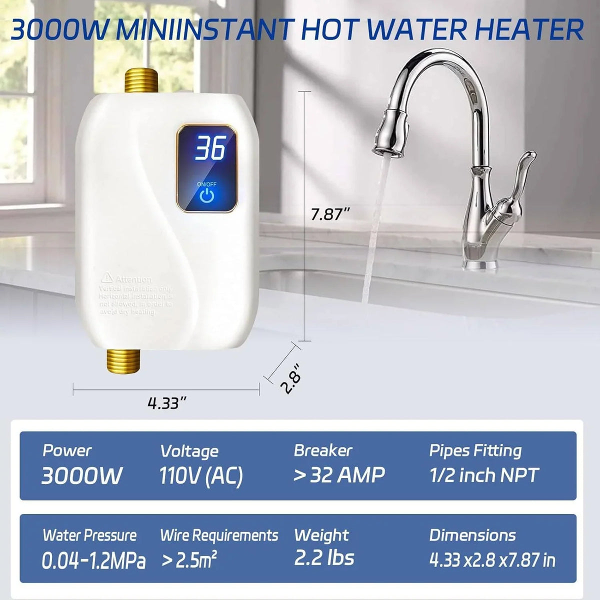 Tankless Water Heater Digital Display Compact Under-Sink Design