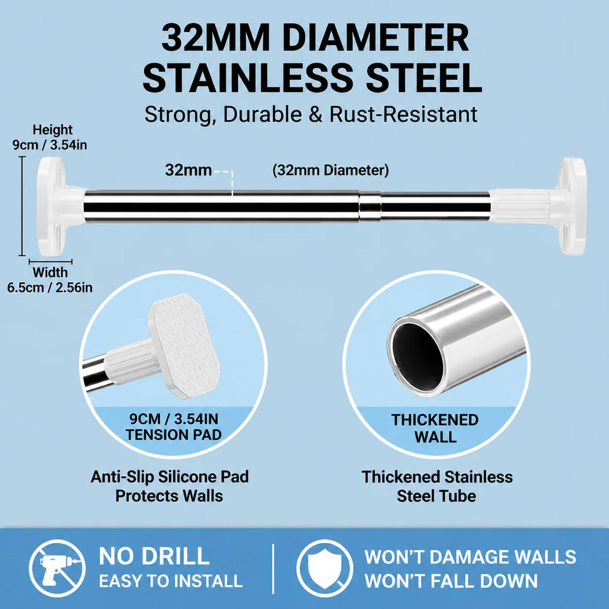 Tension Rod Adjustable Stainless Steel No-Drill Installation