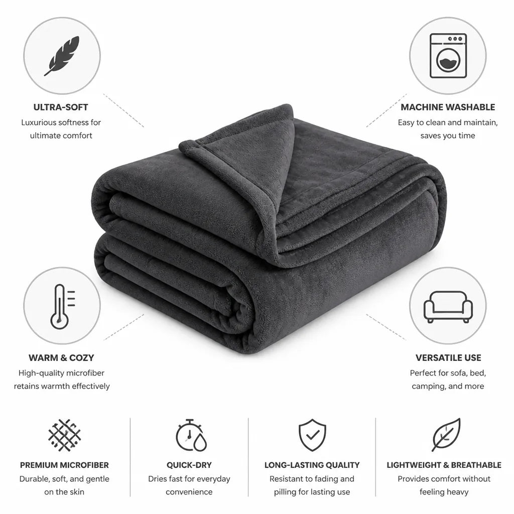 Throw Blanket Ultra-Soft Microfiber Machine Washable & Quick-Dry